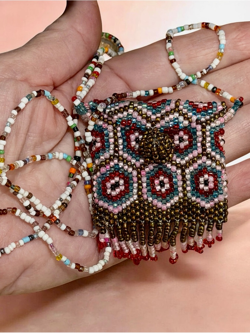 Vtg Woven Glass Seed Bead Amulet Necklace Geometric Talisman Medicine Pouch Bag